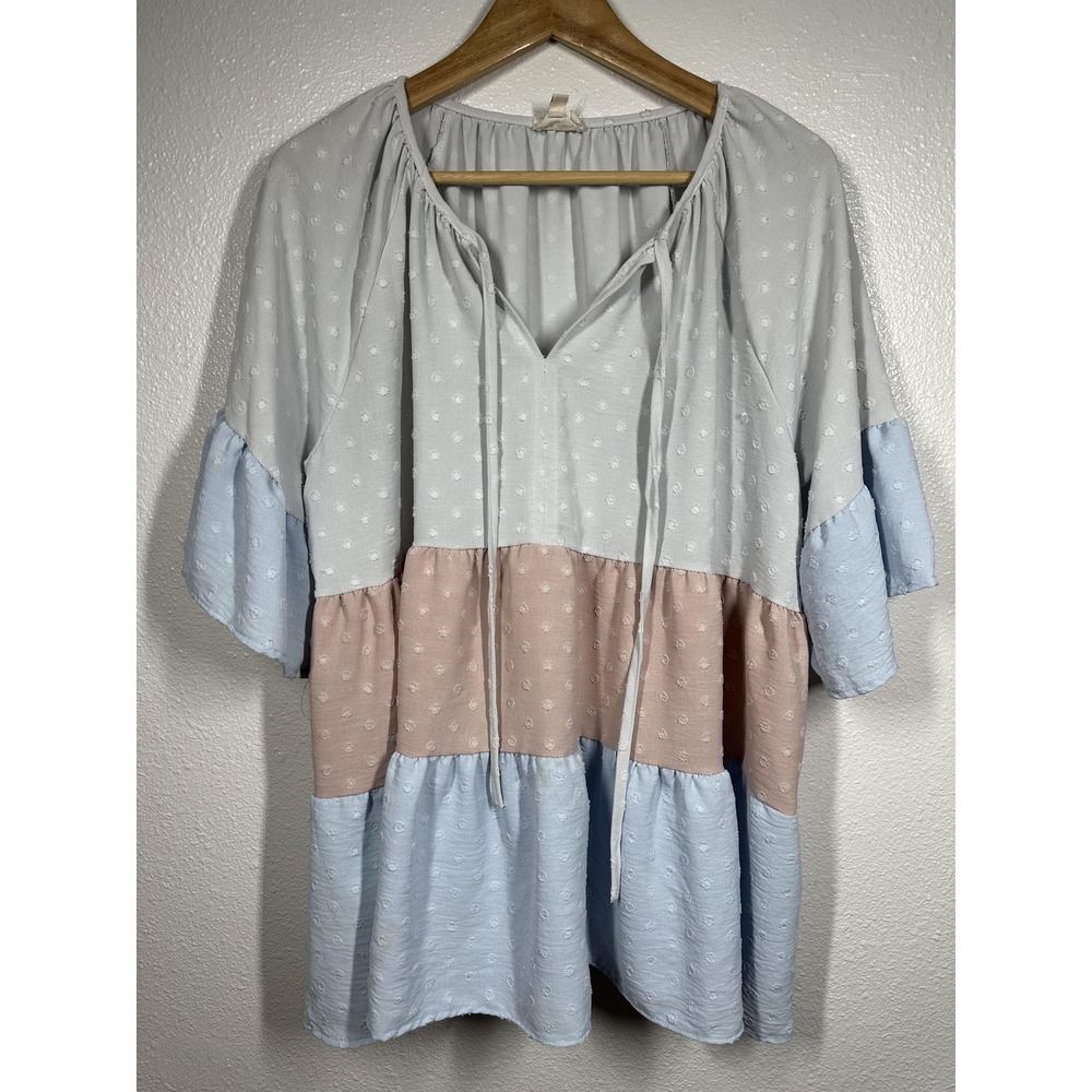 143 Story Shirt Womens Large Blue Pink Gray Tiered Swiss Dot Boho Peasant Ruffle